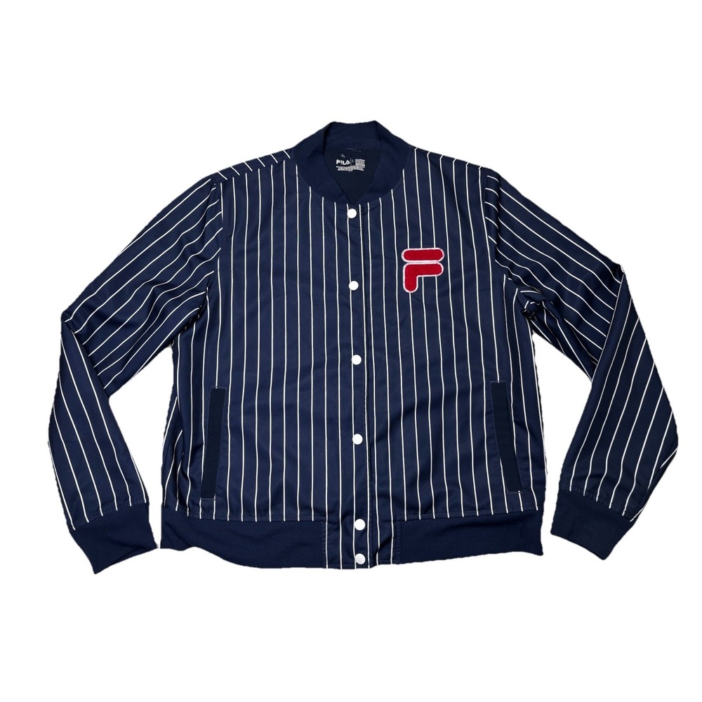 Fila Pinstripe Lakeland Snap Button Jacket Mens Large Navy Baseball Bomber Style